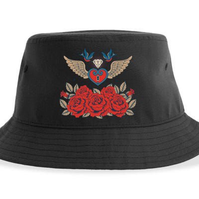 Swallow Bird Heart Locket And Roses Sustainable Bucket Hat