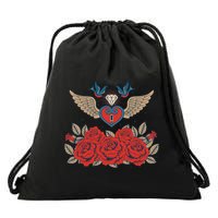Swallow Bird Heart Locket And Roses Drawstring Bag