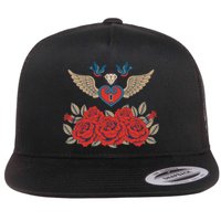 Swallow Bird Heart Locket And Roses Flat Bill Trucker Hat