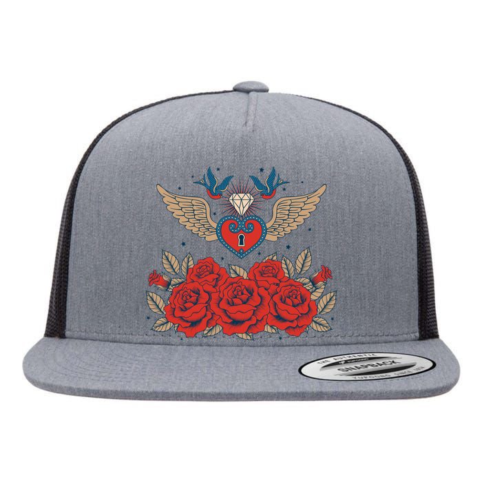 Swallow Bird Heart Locket And Roses Flat Bill Trucker Hat