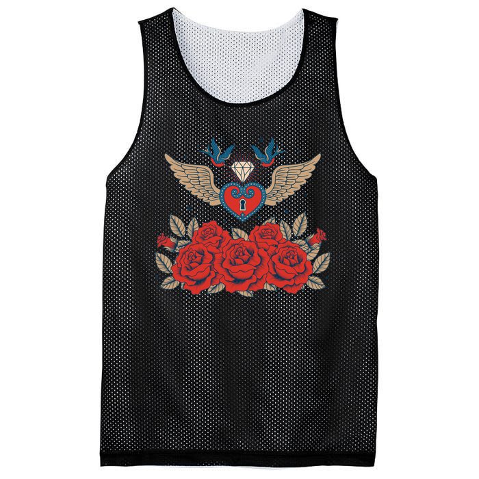 Swallow Bird Heart Locket And Roses Mesh Reversible Basketball Jersey Tank