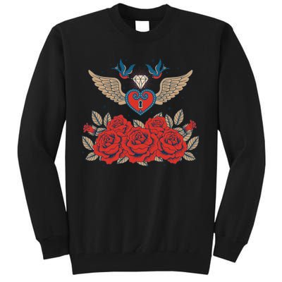 Swallow Bird Heart Locket And Roses Tall Sweatshirt