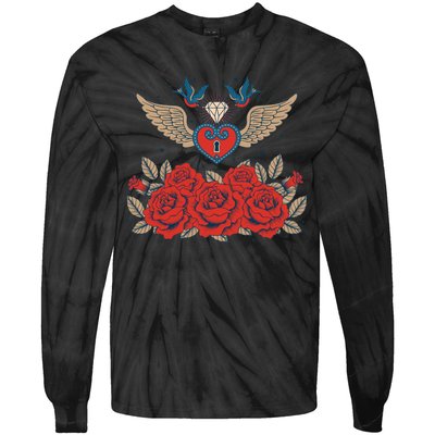 Swallow Bird Heart Locket And Roses Tie-Dye Long Sleeve Shirt