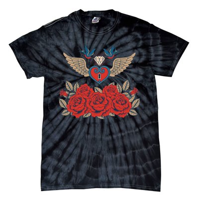 Swallow Bird Heart Locket And Roses Tie-Dye T-Shirt