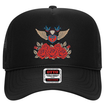Swallow Bird Heart Locket And Roses Trucker Hat