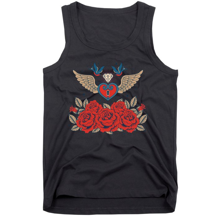 Swallow Bird Heart Locket And Roses Tank Top