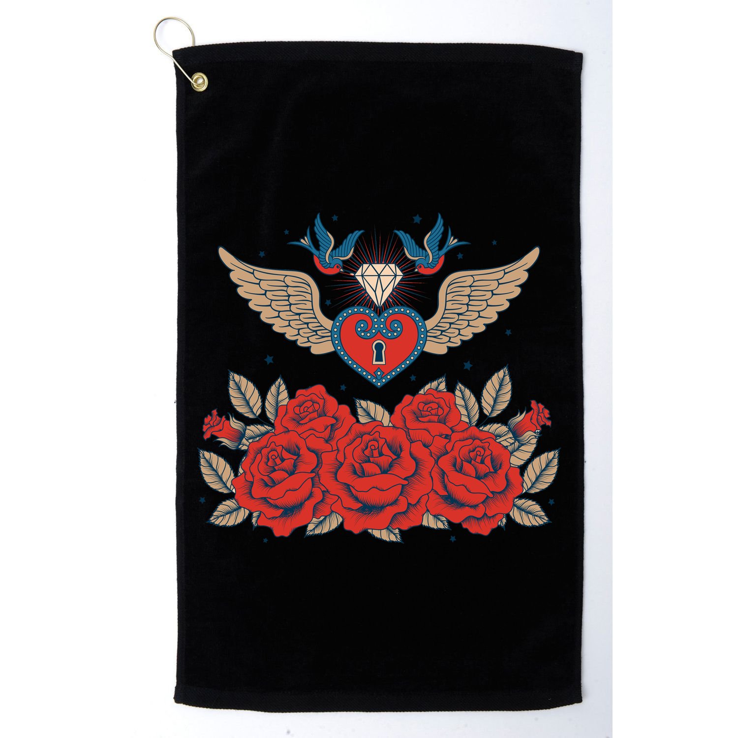 Swallow Bird Heart Locket And Roses Golf Towel