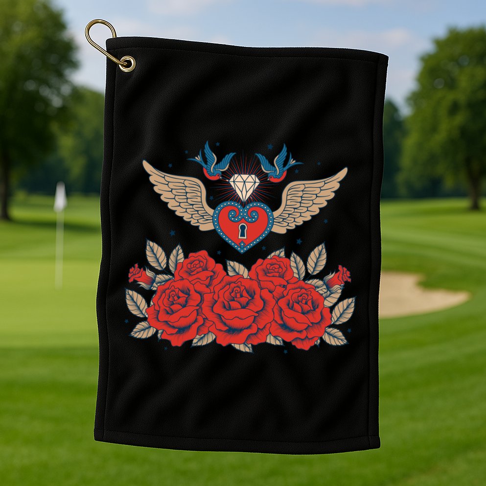 Swallow Bird Heart Locket And Roses Golf Towel