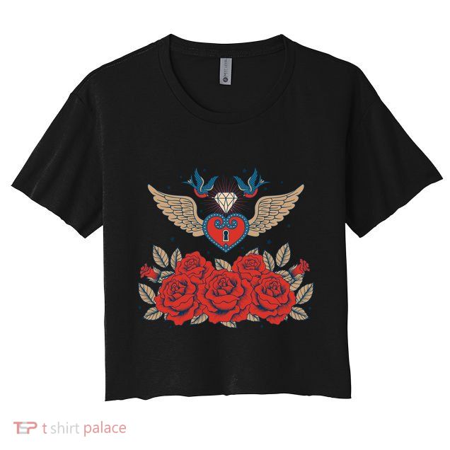 Swallow Bird Heart Locket And Roses Crop Top
