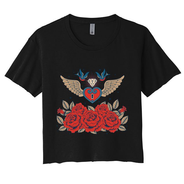 Swallow Bird Heart Locket And Roses Crop Top