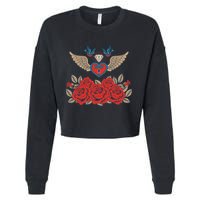 Swallow Bird Heart Locket And Roses Cropped Pullover Crew