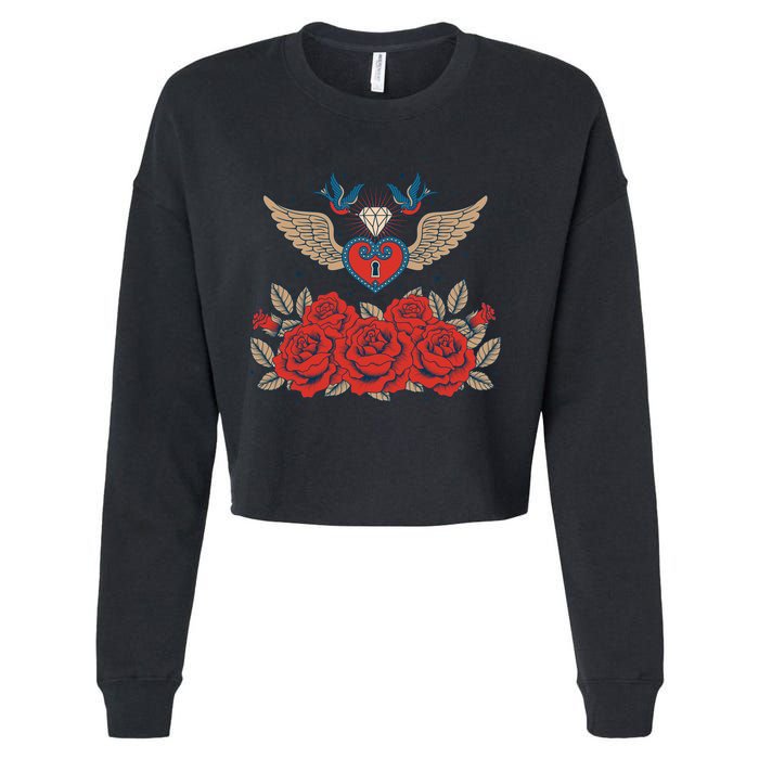 Swallow Bird Heart Locket And Roses Cropped Pullover Crew
