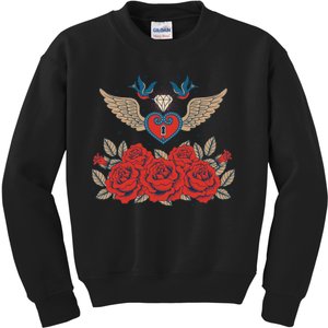 Swallow Bird Heart Locket And Roses Kids Sweatshirt