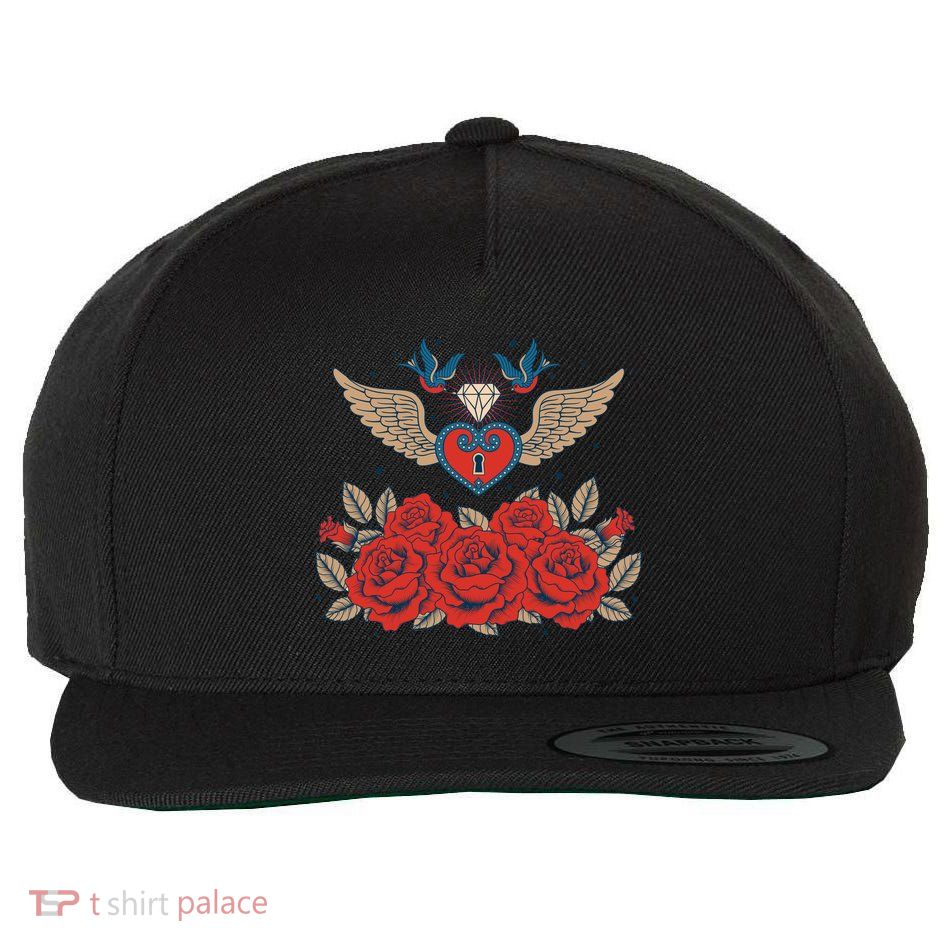 Swallow Bird Heart Locket And Roses Wool Snapback Cap