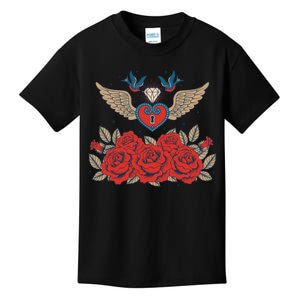 Swallow Bird Heart Locket And Roses Kids T-Shirt