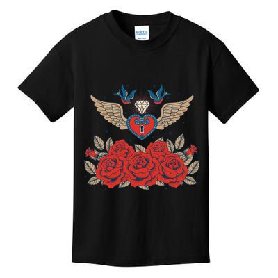Swallow Bird Heart Locket And Roses Kids T-Shirt