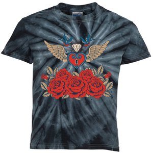 Swallow Bird Heart Locket And Roses Kids Tie-Dye T-Shirt