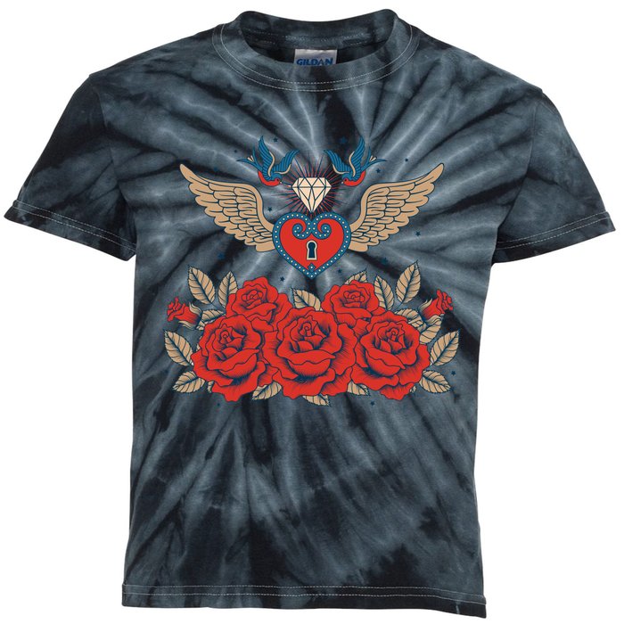 Swallow Bird Heart Locket And Roses Kids Tie-Dye T-Shirt