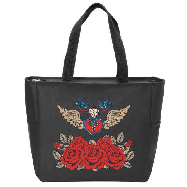 Swallow Bird Heart Locket And Roses Zip Tote Bag