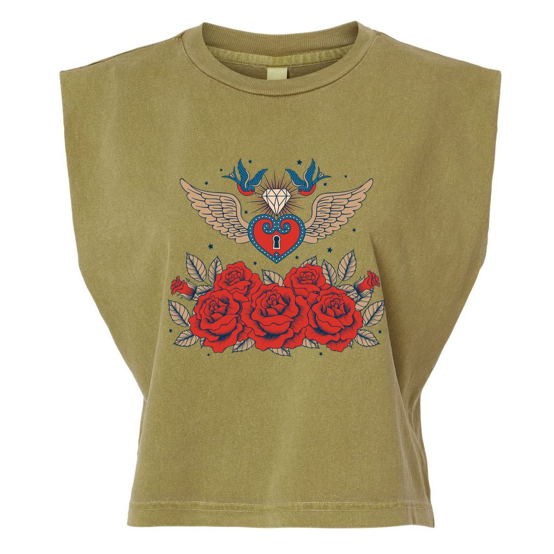 Swallow Bird Heart Locket And Roses Garment-Dyed Women's Muscle Tee
