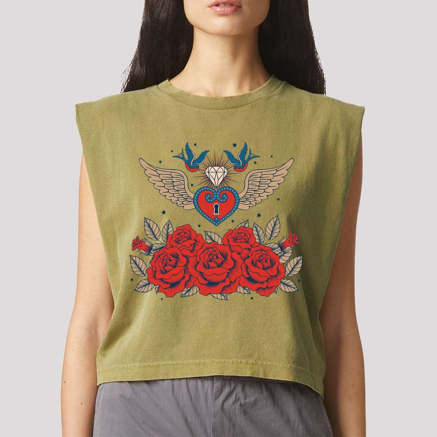 Swallow Bird Heart Locket And Roses Garment-Dyed Women's Muscle Tee