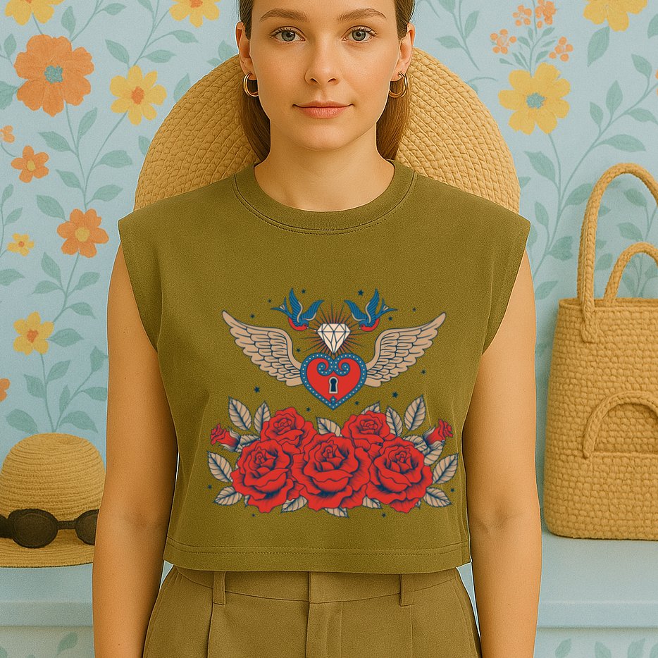 Swallow Bird Heart Locket And Roses Garment-Dyed Women's Muscle Tee