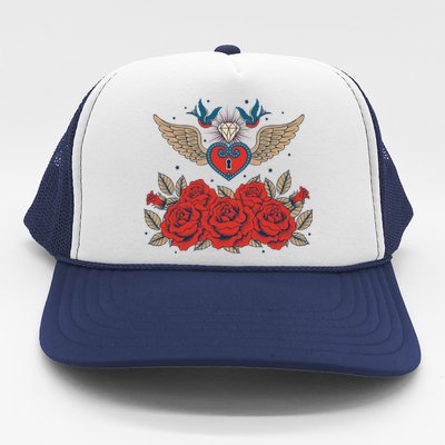 Swallow Bird Heart Locket And Roses Trucker Hat