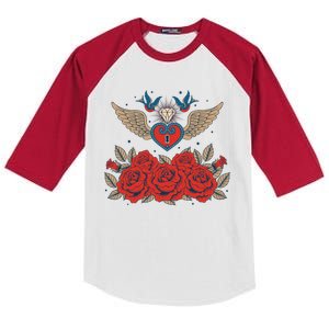 Swallow Bird Heart Locket And Roses Kids Colorblock Raglan Jersey