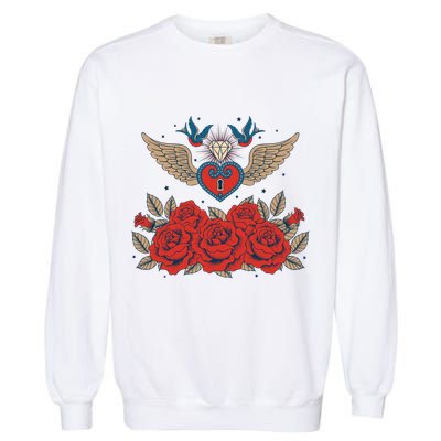 Swallow Bird Heart Locket And Roses Garment-Dyed Sweatshirt