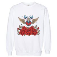 Swallow Bird Heart Locket And Roses Garment-Dyed Sweatshirt