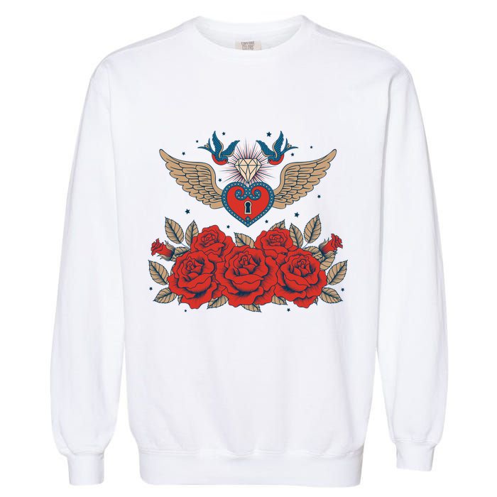Swallow Bird Heart Locket And Roses Garment-Dyed Sweatshirt