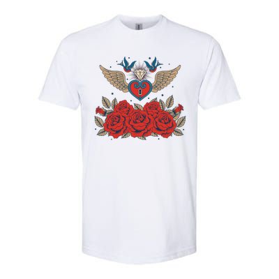 Swallow Bird Heart Locket And Roses Softstyle® CVC T-Shirt