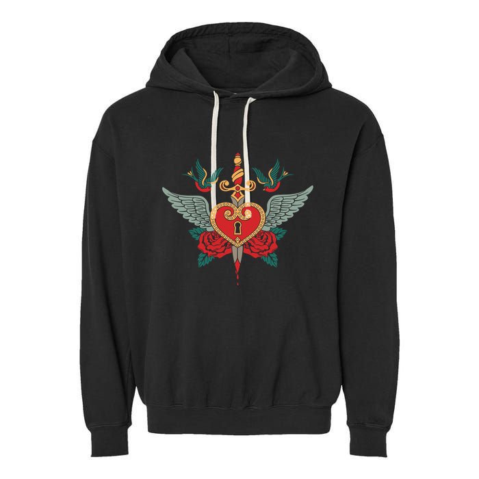 Swallows Heart Lockbox Sword Garment-Dyed Fleece Hoodie