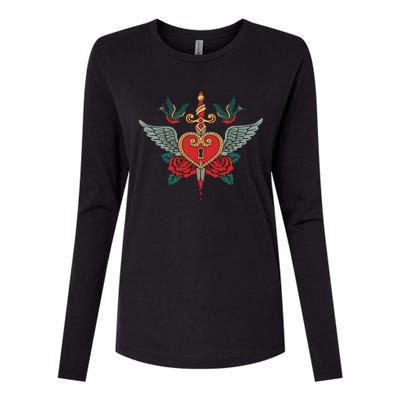 Swallows Heart Lockbox Sword Womens Cotton Relaxed Long Sleeve T-Shirt