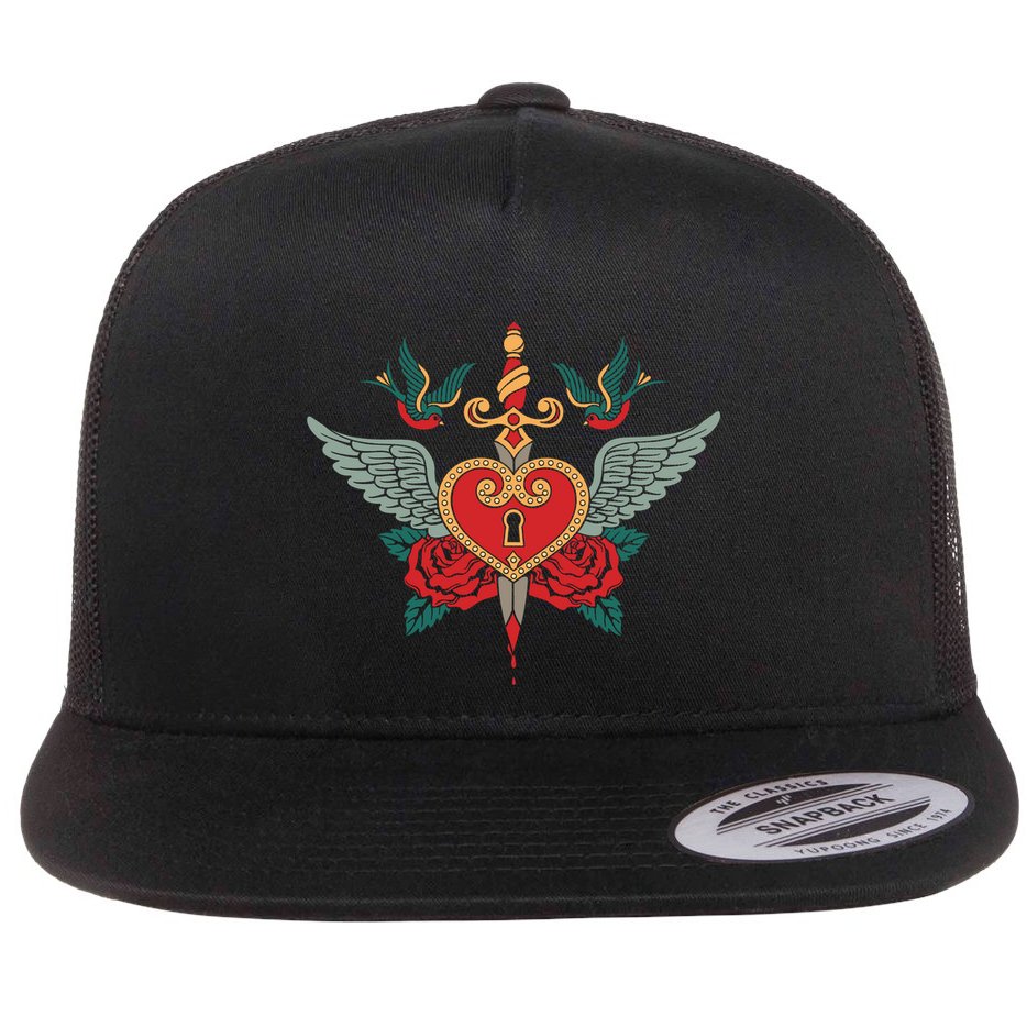 Swallows Heart Lockbox Sword Flat Bill Trucker Hat