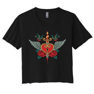 Swallows Heart Lockbox Sword Women's Crop Top Tee