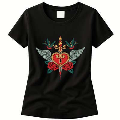 Swallows Heart Lockbox Sword Womens T-Shirt