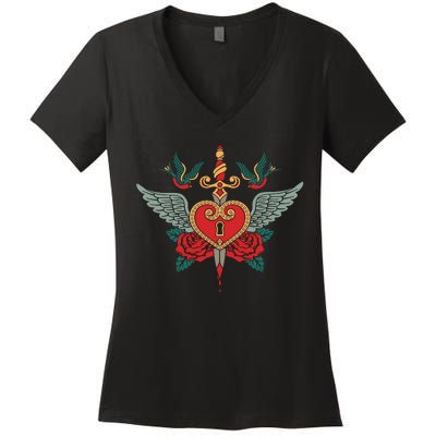 Swallows Heart Lockbox Sword Women's V-Neck T-Shirt