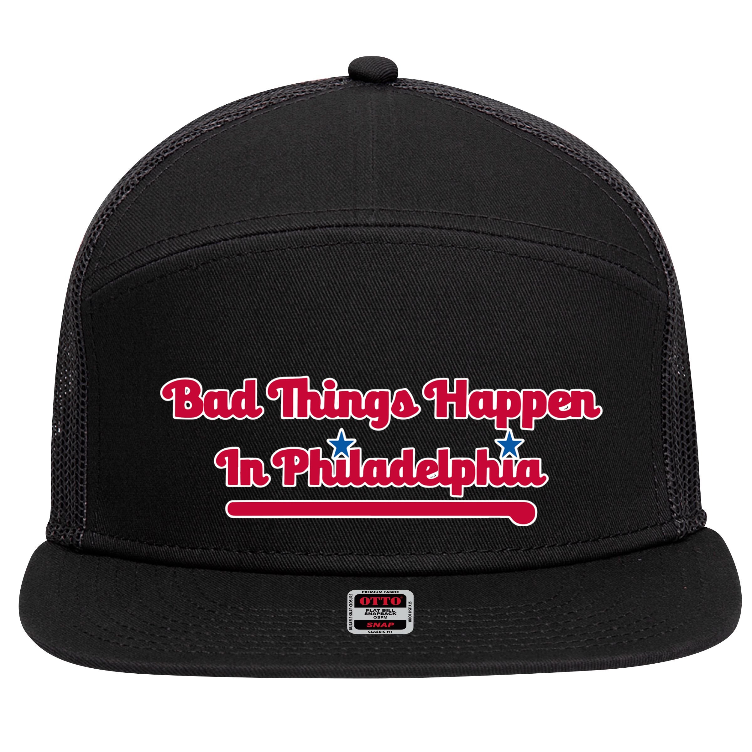 Shoenice Wearing Bad Things Happen In Philadelphia 7 Panel Mesh Trucker Snapback Hat