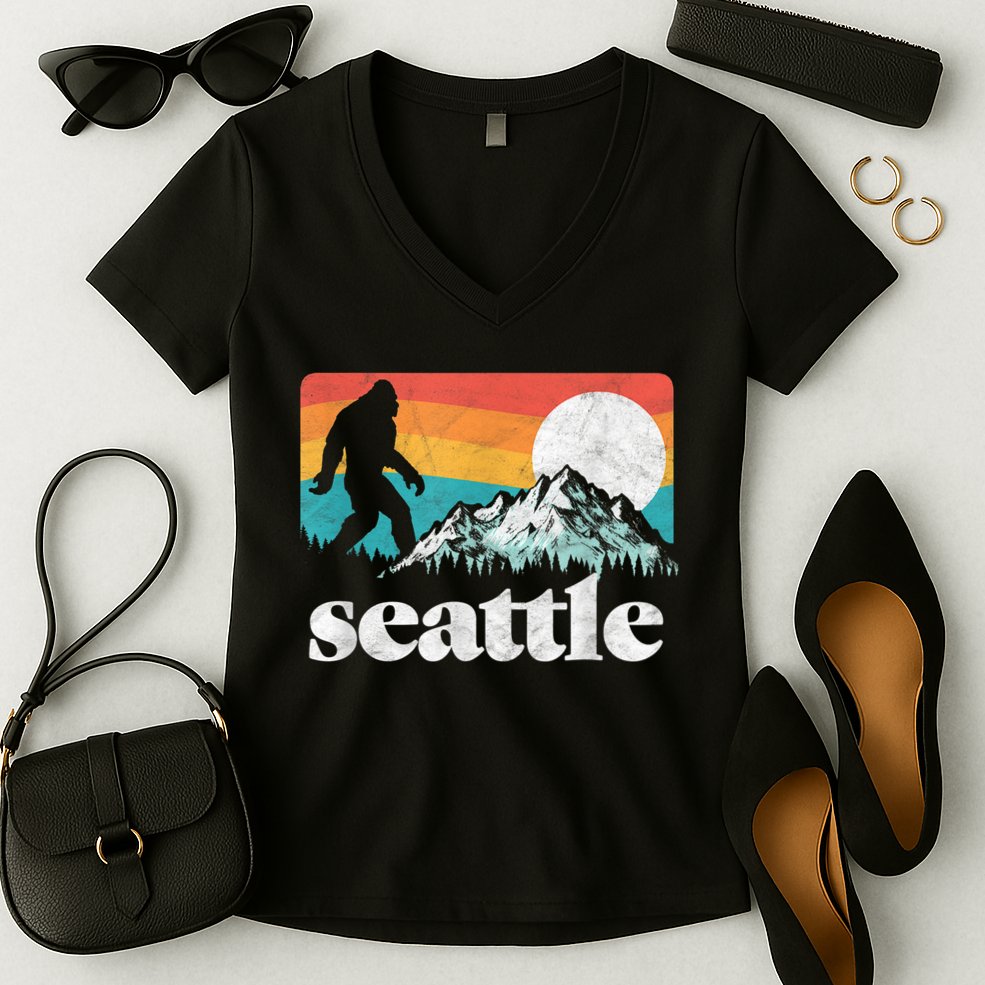 Seattle Washington Bigfoot Mountains Women's V-Neck T-Shirt