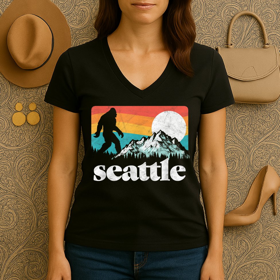 Seattle Washington Bigfoot Mountains Women's V-Neck T-Shirt