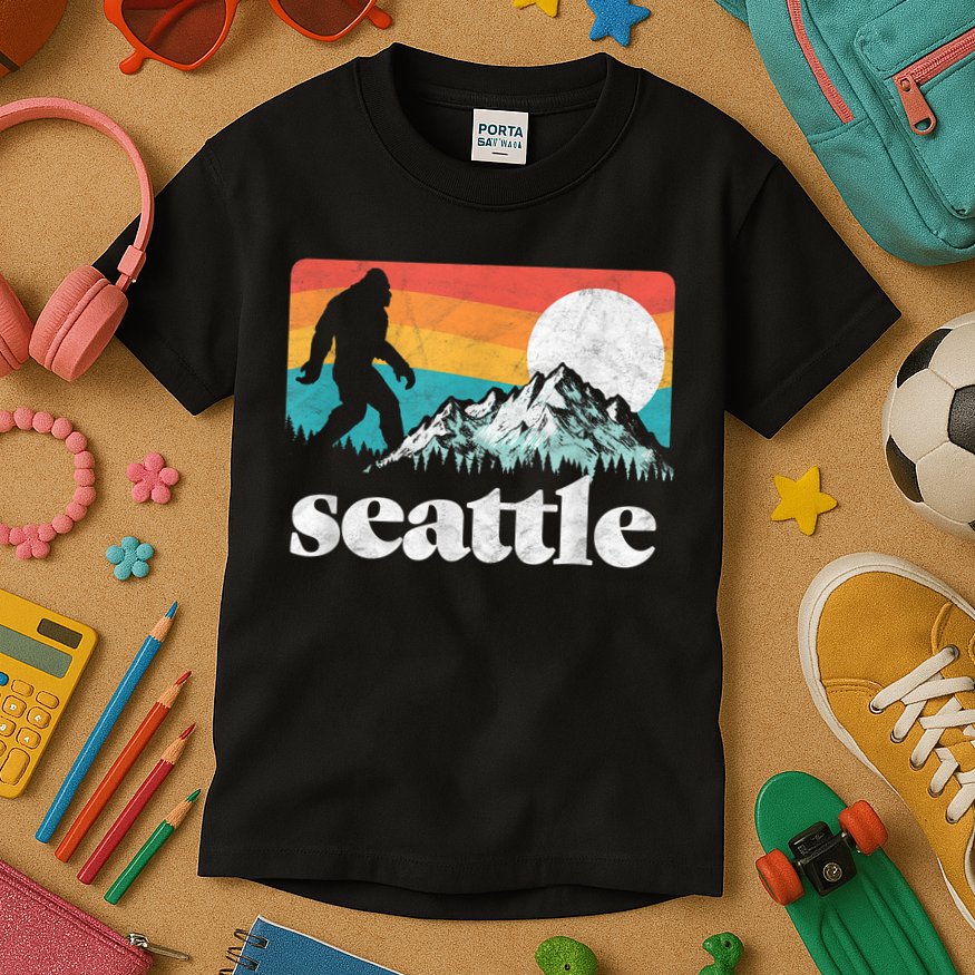 Seattle Washington Bigfoot Mountains Kids T-Shirt