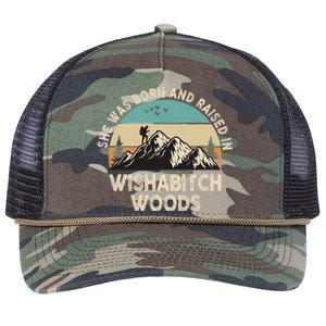 She Was Born And Raised In Wishabitch Woods Funny Saying Retro Rope Trucker Hat Cap