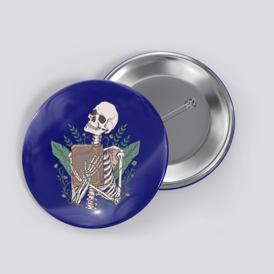 Skeleton With Book And Flowers Book Lover Goth Halloween Meaningful Gift Button