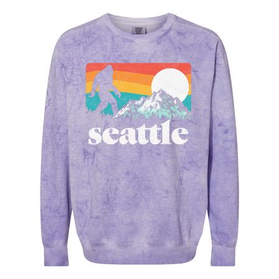 Seattle Washington Bigfoot Mountains Retro Distressed 80s Colorblast Crewneck Sweatshirt