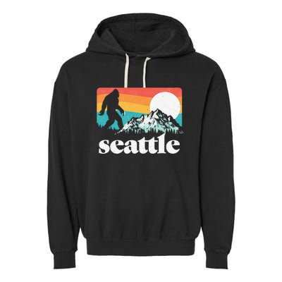 Seattle Washington Bigfoot Mountains Retro Distressed 80s Garment-Dyed Fleece Hoodie