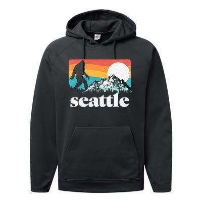 Seattle Washington Bigfoot Mountains Retro Distressed 80s Performance Fleece Hoodie