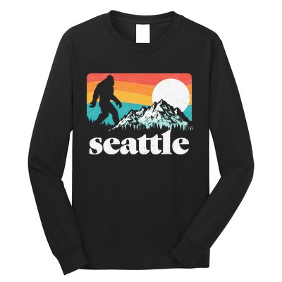 Seattle Washington Bigfoot Mountains Retro Distressed 80s Long Sleeve Shirt