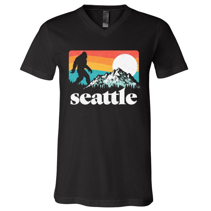 Seattle Washington Bigfoot Mountains Retro Distressed 80s V-Neck T-Shirt