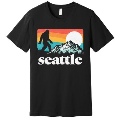 Seattle Washington Bigfoot Mountains Retro Distressed 80s Premium T-Shirt